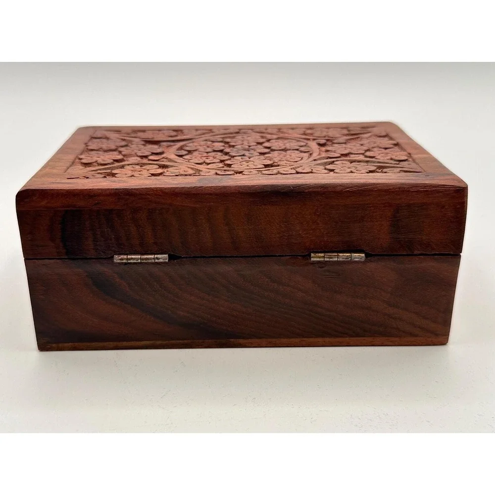 Vintage MCM Wooden Hand-Carved Hinged Lid Keepsake Box